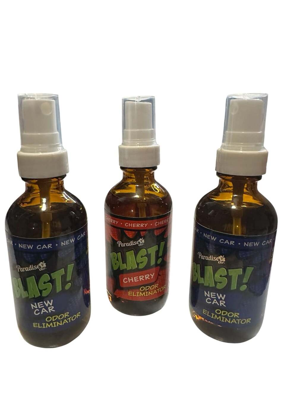 Paradise Air Blast Odor Eliminator Spray Set of 3 New Car Cherry